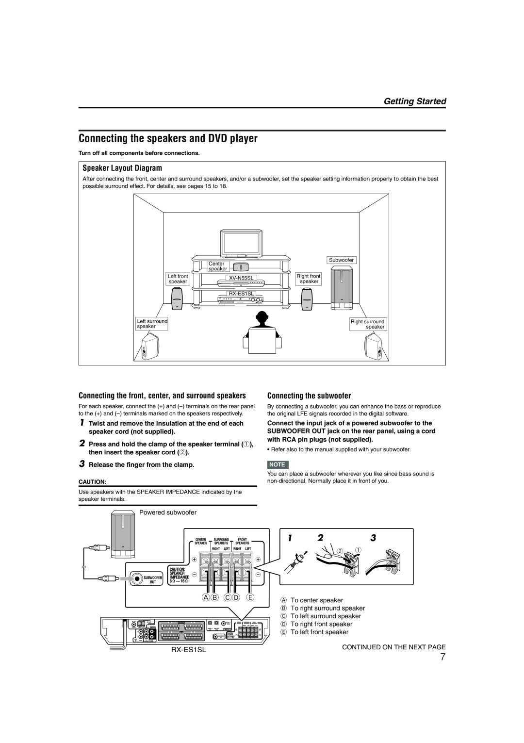JVC LVT1002-001B Connecting the speakers and DVD player, Getting Started, Speaker Layout Diagram, Connecting the subwoofer 