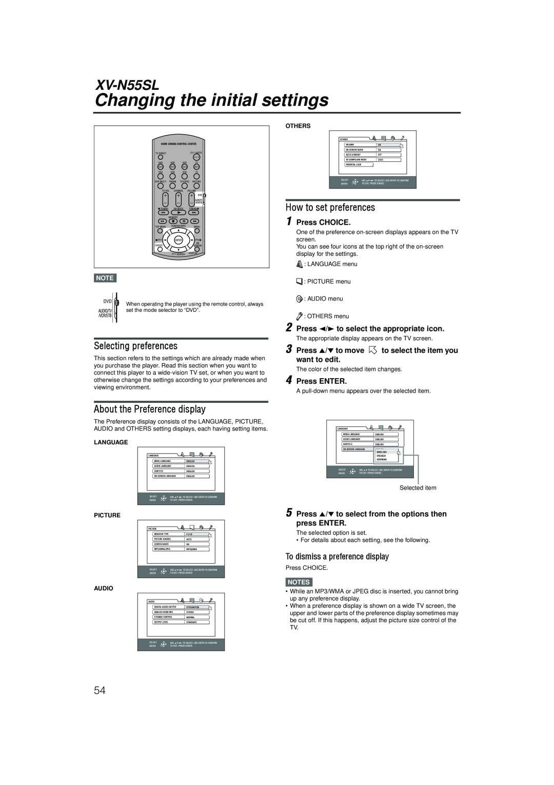 JVC LVT1002-001B Changing the initial settings, Selecting preferences, How to set preferences, Press CHOICE, XV-N55SL 