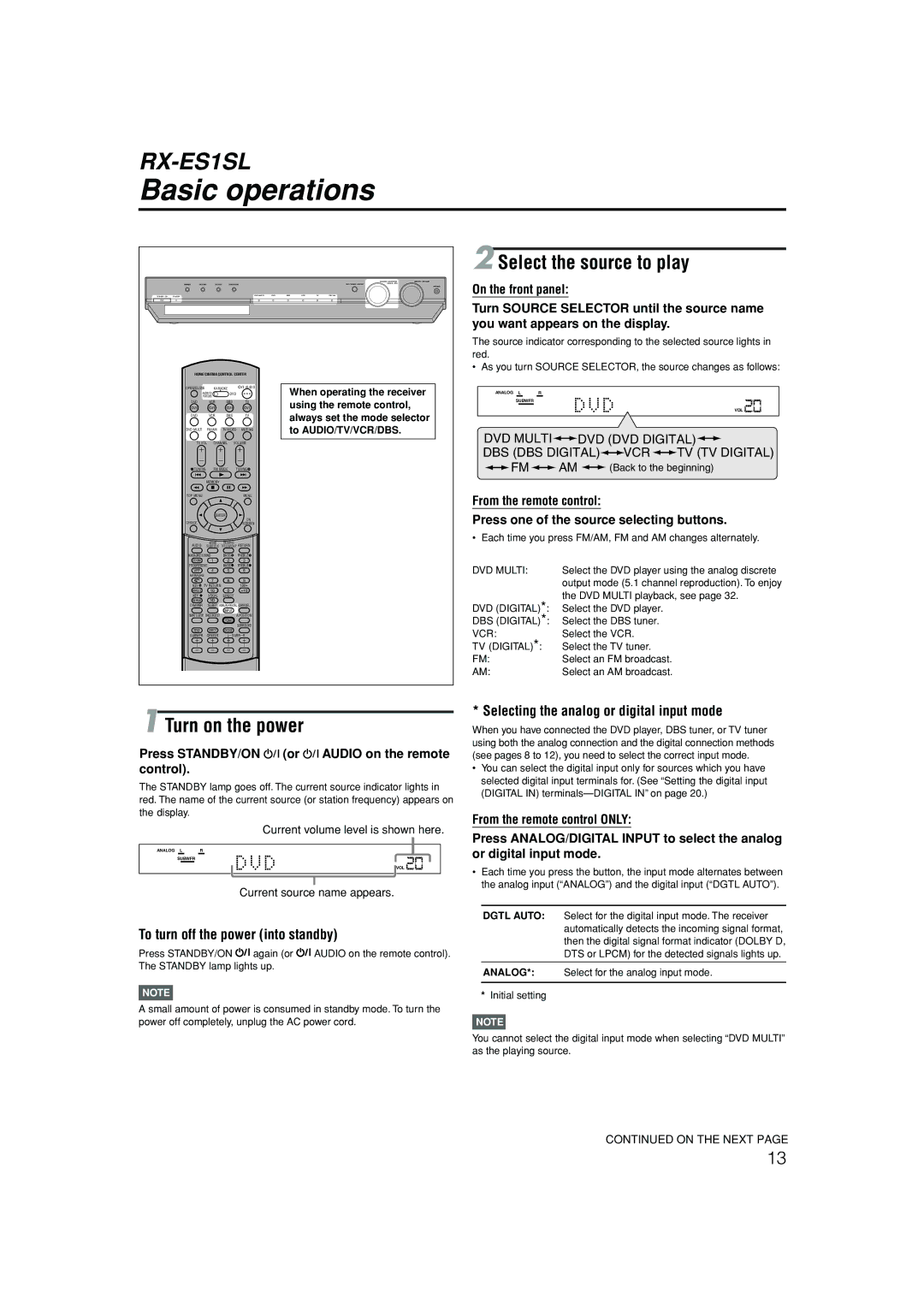 JVC LVT1002-012B manual Basic operations, Select the source to play, Turn on the power, To turn off the power into standby 