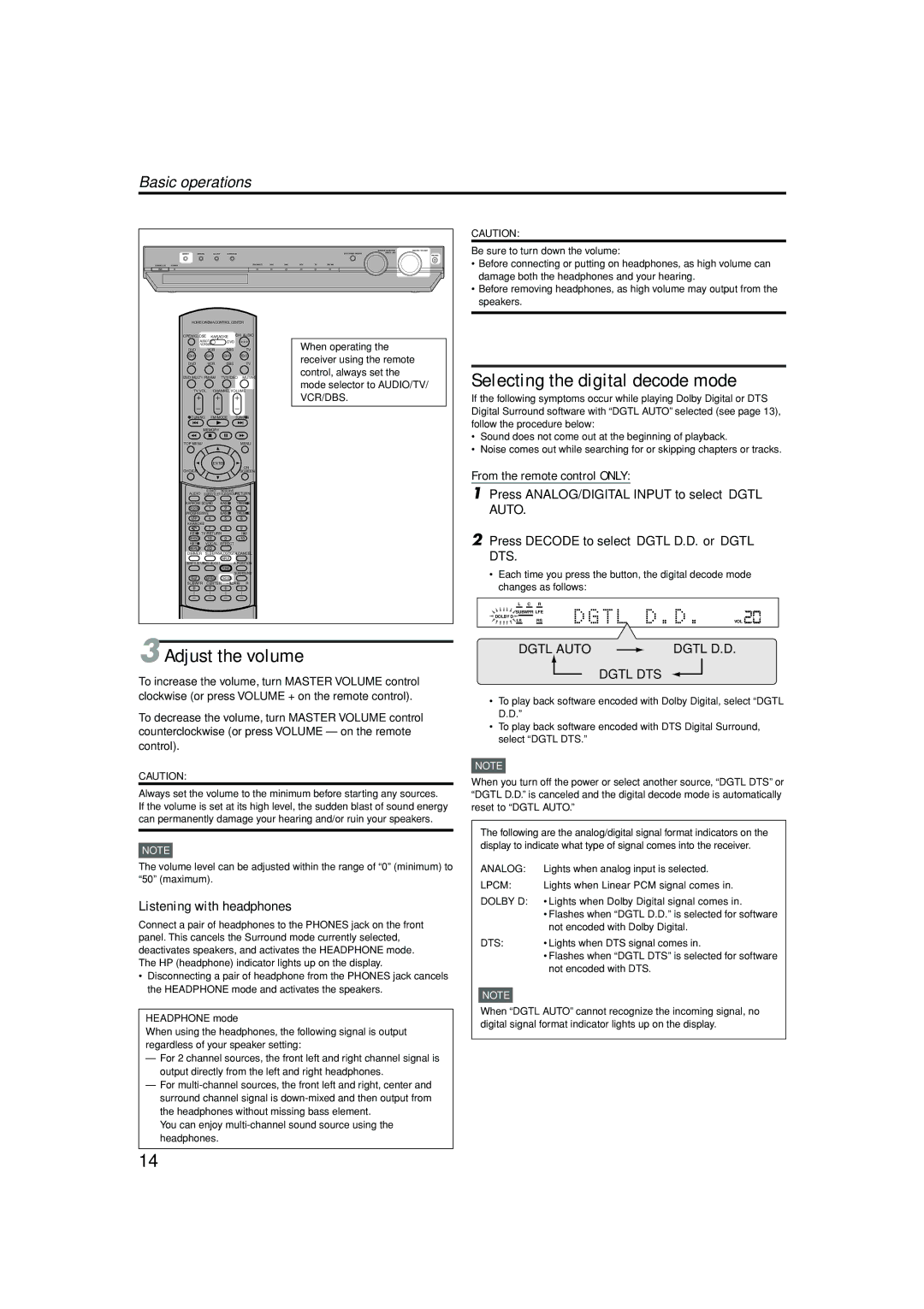 JVC LVT1002-012B manual Selecting the digital decode mode, Adjust the volume, Basic operations, Listening with headphones 