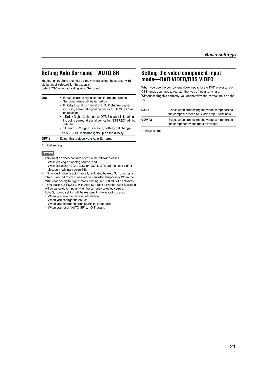 JVC LVT1002-012B Setting Auto Surround-AUTO SR, Setting the video component input mode-DVD VIDEO/DBS Video, Basic settings 