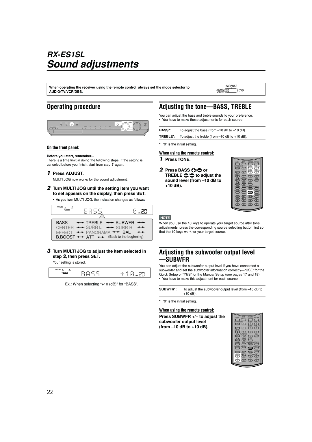 JVC LVT1002-012B Sound adjustments, Adjusting the subwoofer output level, Adjusting the tone-BASS, Treble, Press Adjust 