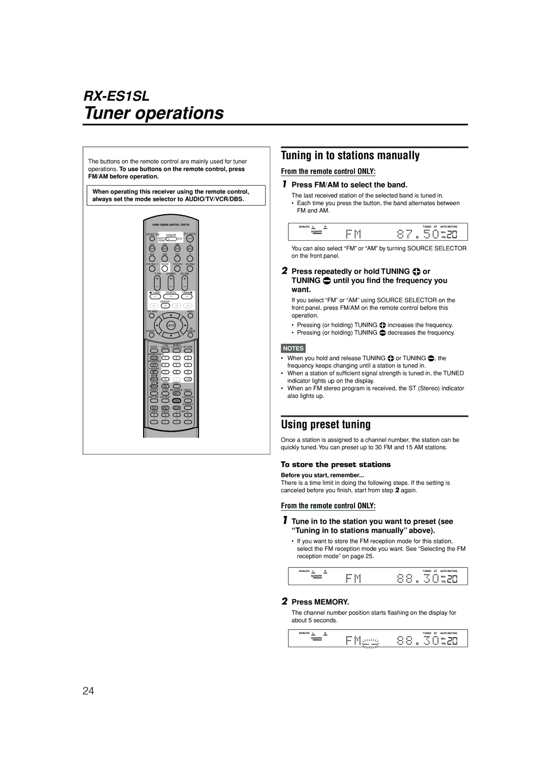 JVC LVT1002-012B Tuner operations, Tuning in to stations manually, Using preset tuning, Press Memory 