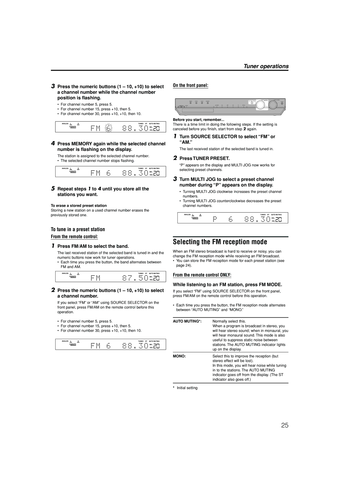 JVC LVT1002-012B manual Selecting the FM reception mode, Tuner operations, To tune in a preset station 