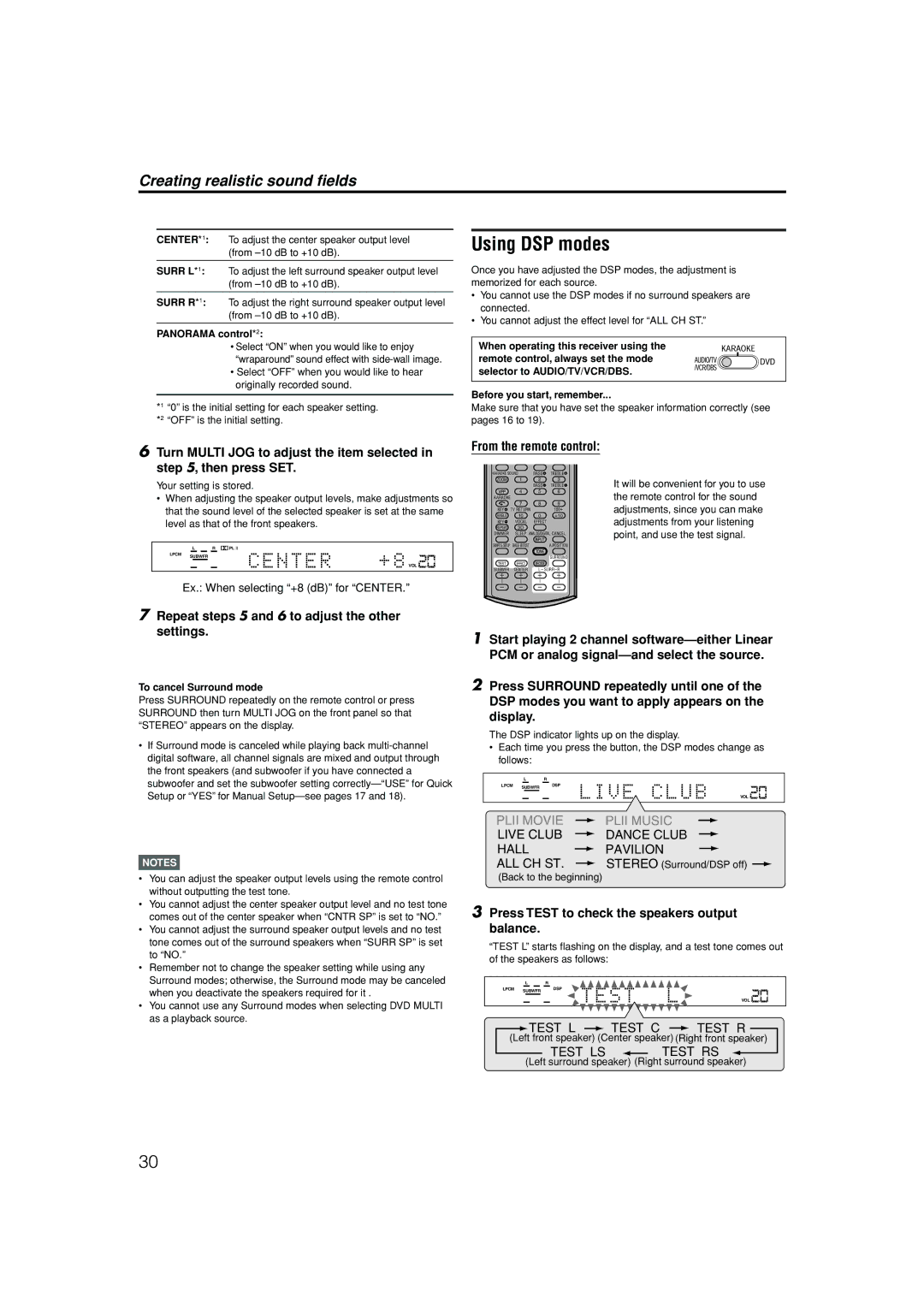 JVC LVT1002-012B manual Using DSP modes, Repeat steps 5 and 6 to adjust the other settings, From the remote control 