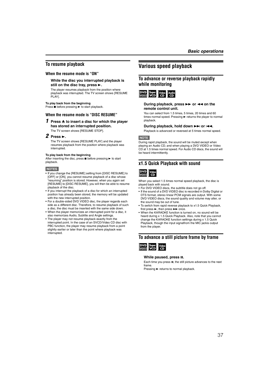 JVC LVT1002-012B manual Various speed playback, To resume playback, To advance or reverse playback rapidly while monitoring 