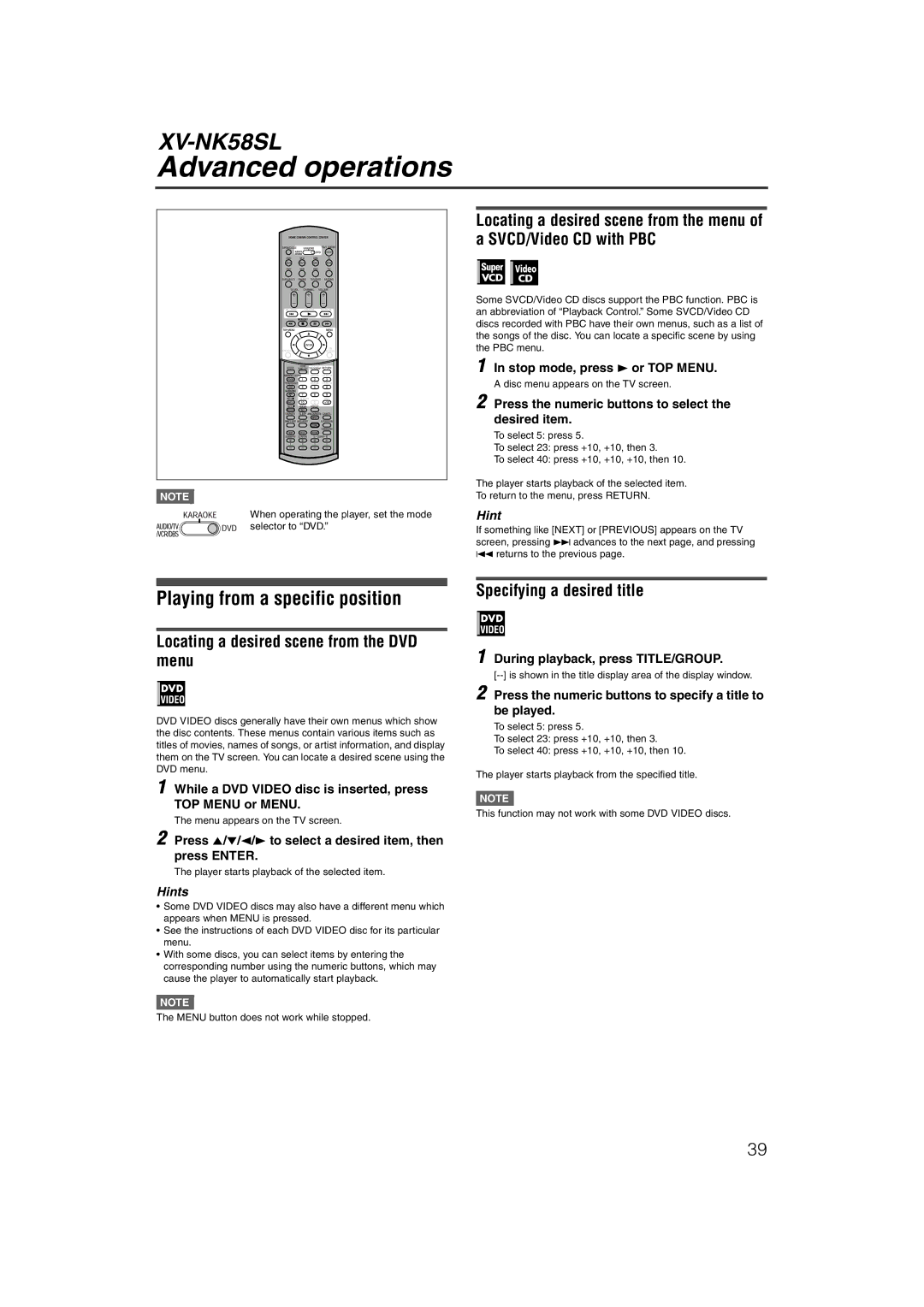 JVC LVT1002-012B manual Advanced operations, Playing from a specific position, Locating a desired scene from the DVD menu 