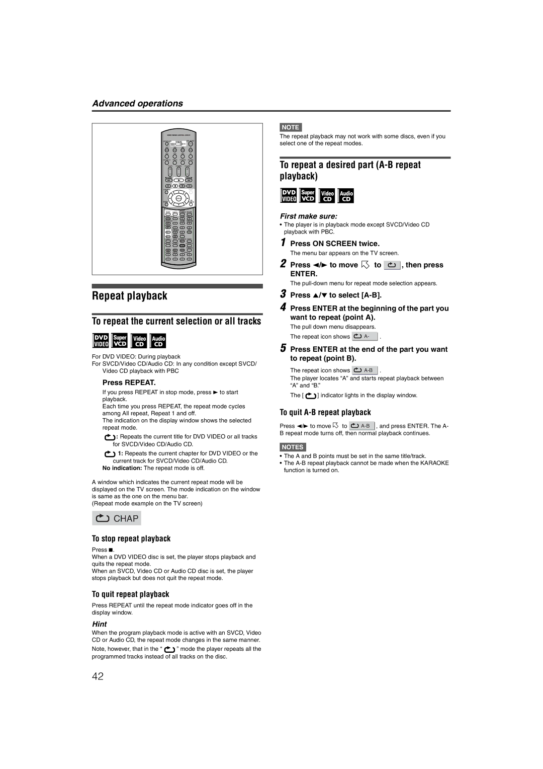 JVC LVT1002-012B manual Repeat playback, To repeat a desired part A-B repeat playback, To stop repeat playback 