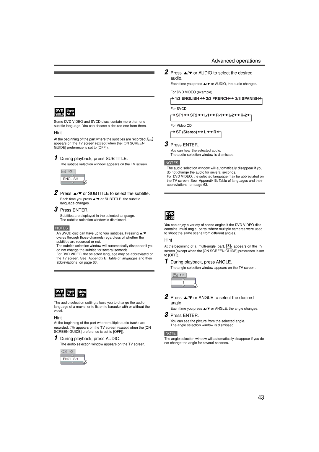 JVC LVT1002-012B manual Changing the language, sound and scene angle, To change the audio language or sound Audio 