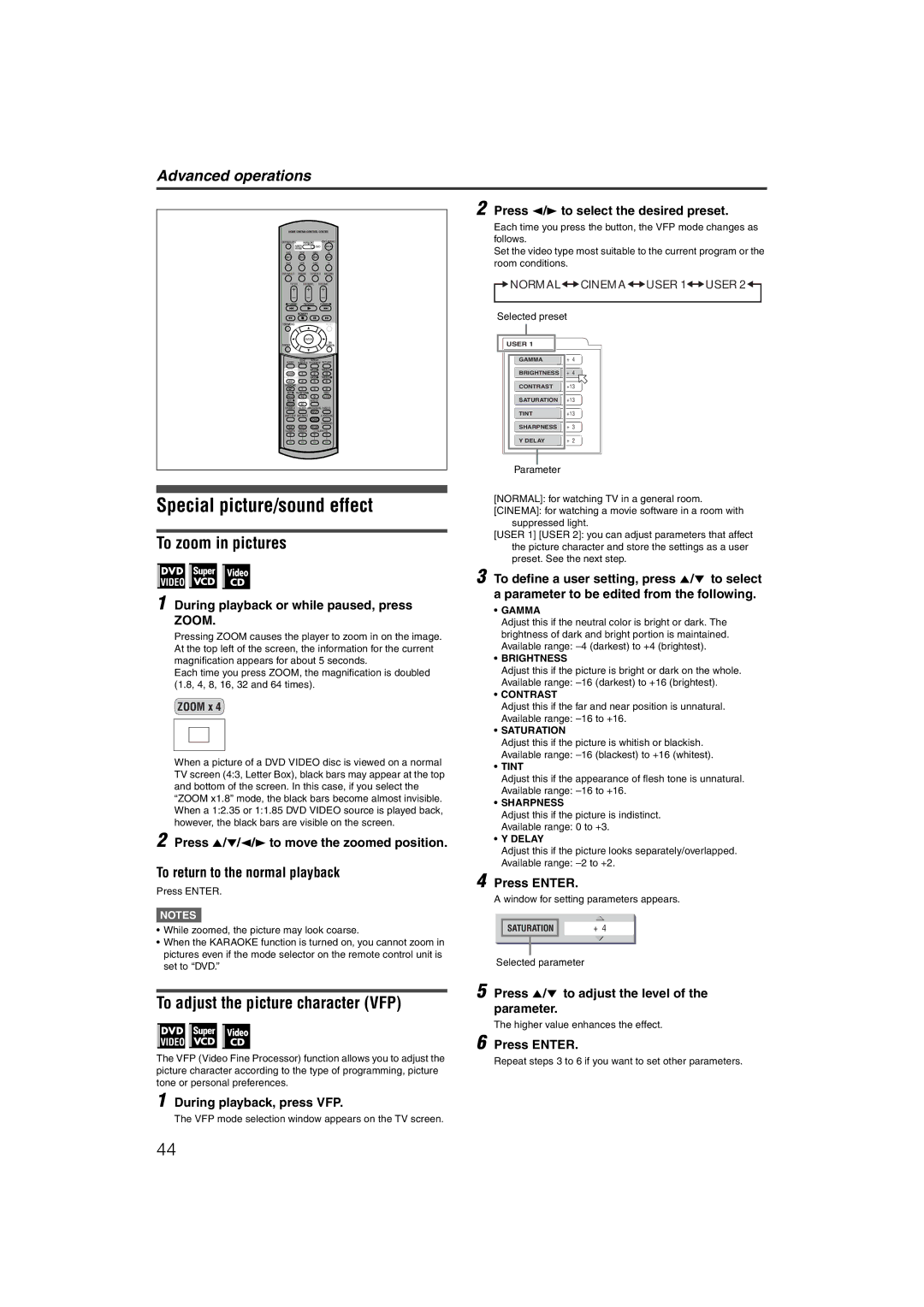 JVC LVT1002-012B manual Special picture/sound effect, To zoom in pictures, To adjust the picture character VFP 