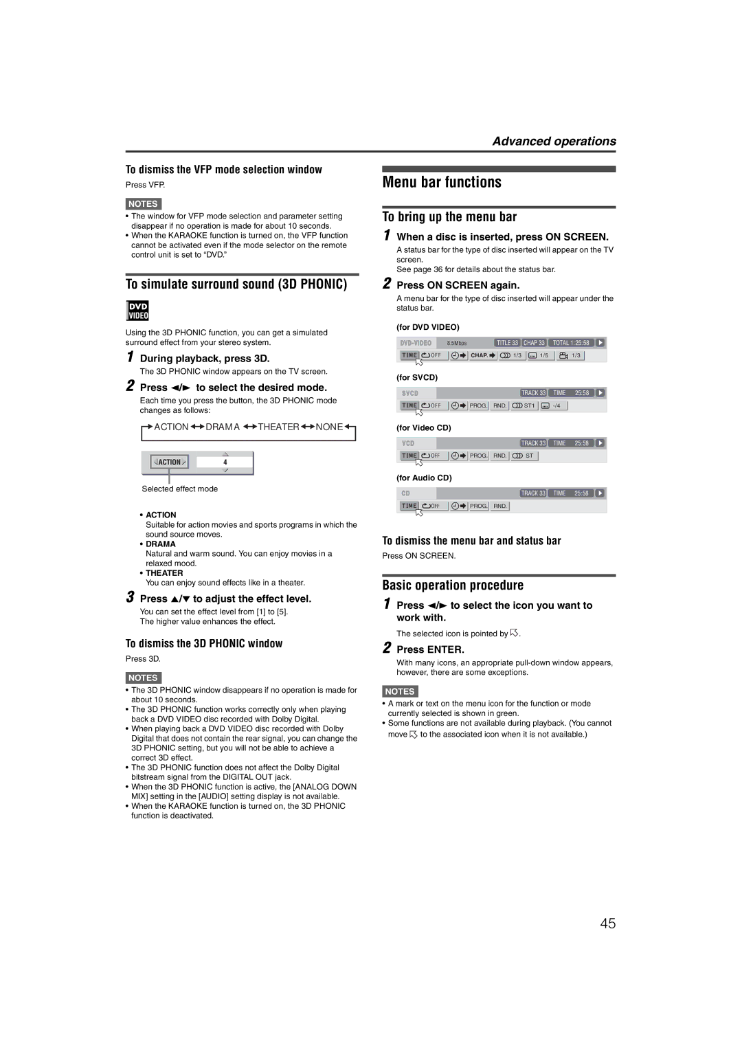 JVC LVT1002-012B manual Menu bar functions, To simulate surround sound 3D Phonic, To bring up the menu bar 