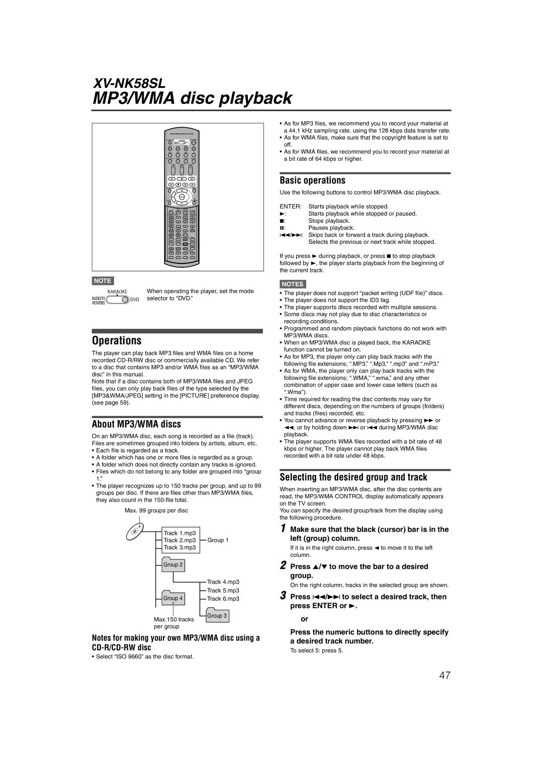 JVC LVT1002-012B manual MP3/WMA disc playback, Operations, About MP3/WMA discs, Basic operations 