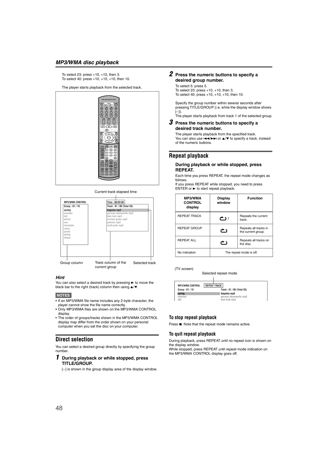 JVC LVT1002-012B manual Repeat playback, Direct selection, MP3/WMA disc playback 