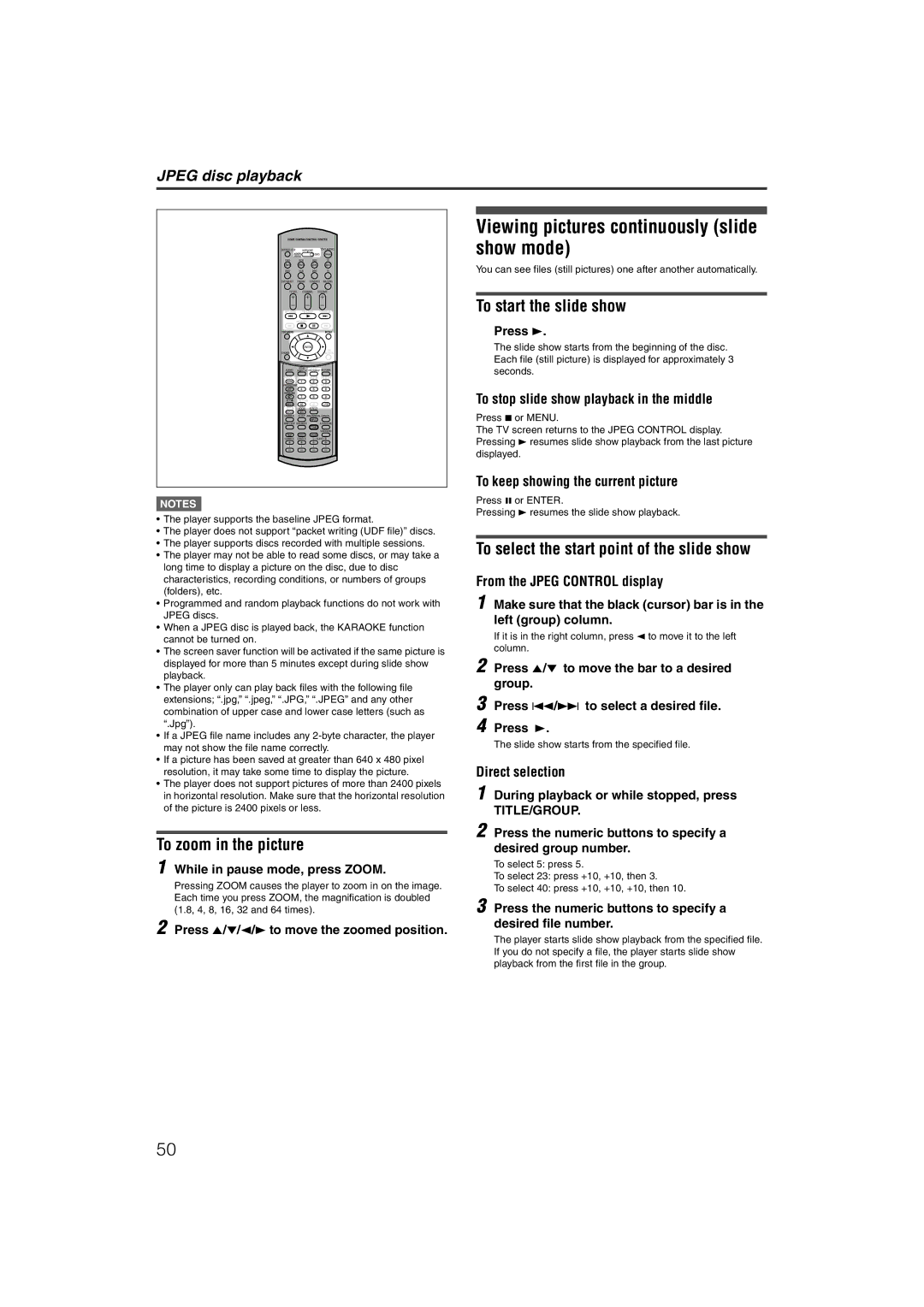 JVC LVT1002-012B manual Viewing pictures continuously slide show mode, To zoom in the picture, To start the slide show 