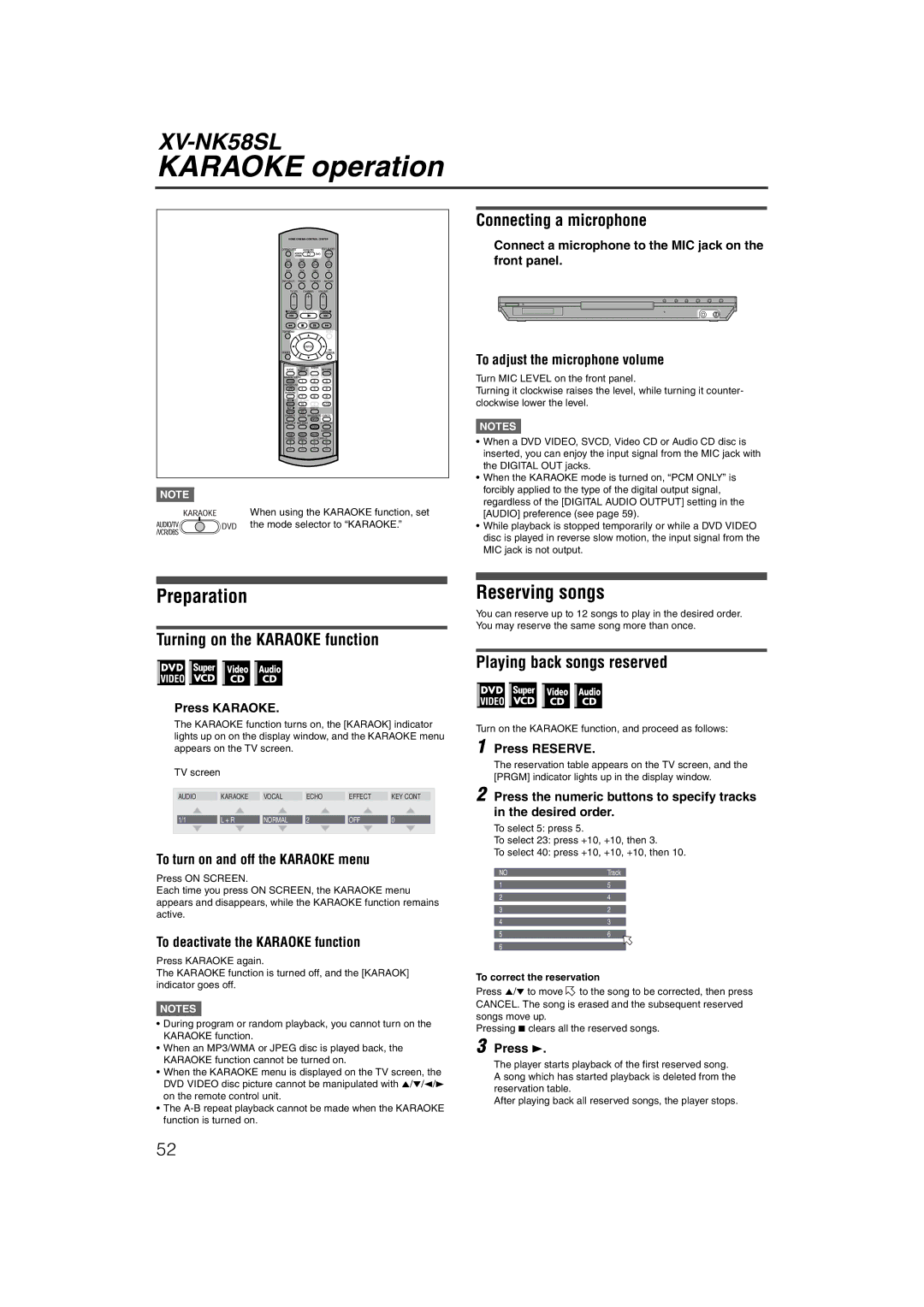 JVC LVT1002-012B manual Karaoke operation, Preparation, Reserving songs 