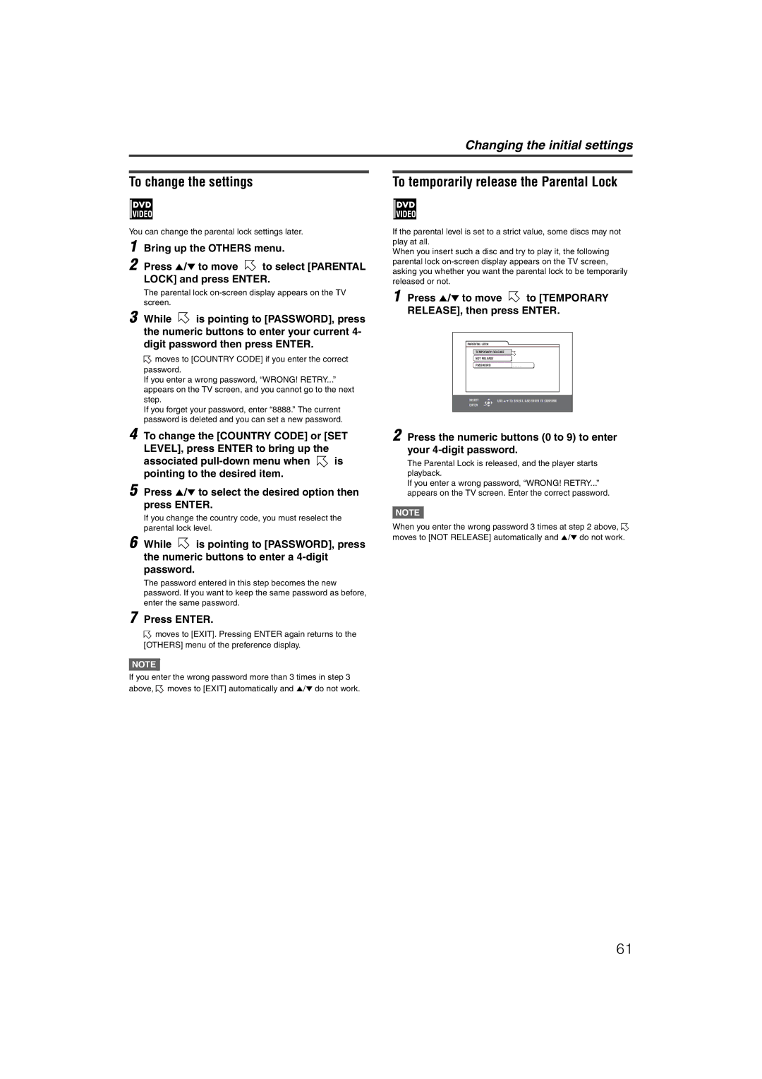 JVC LVT1002-012B manual To change the settings, To temporarily release the Parental Lock 