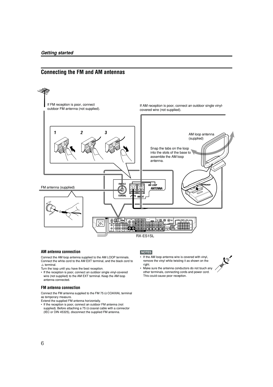 JVC LVT1002-012B manual Connecting the FM and AM antennas, Getting started, FM antenna connection 