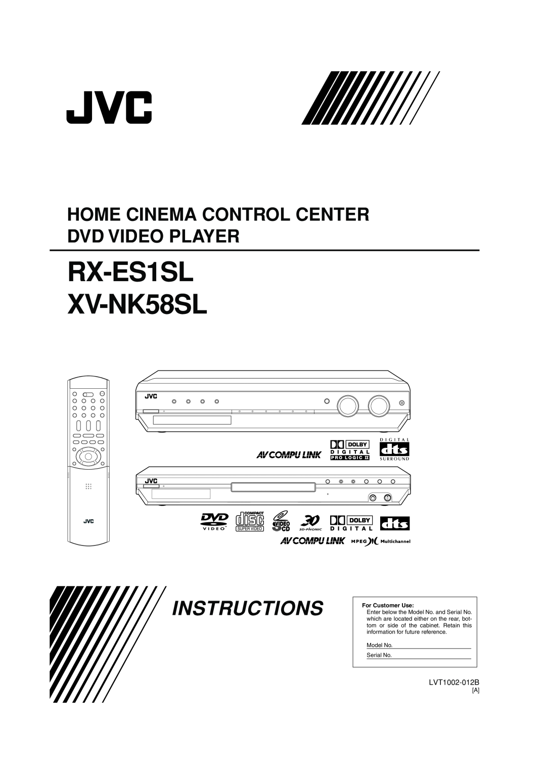 JVC LVT1002-012B manual RX-ES1SL XV-NK58SL, Instructions, Home Cinema Control Center Dvd Video Player, For Customer Use 