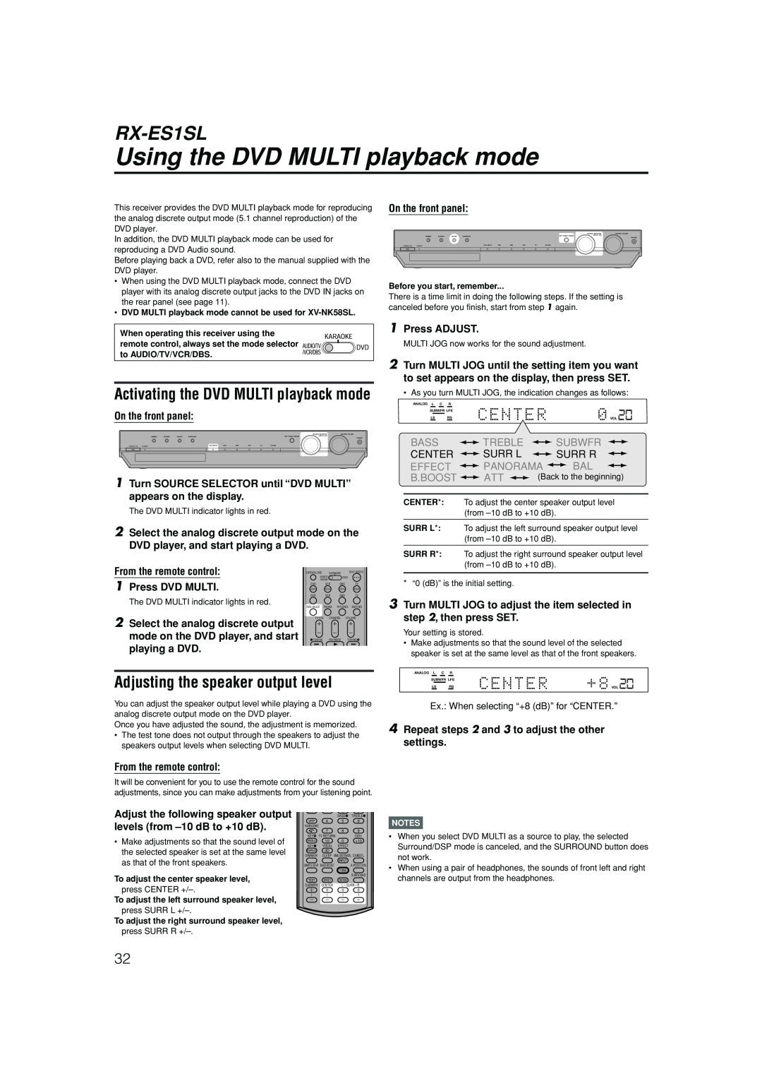 JVC LVT1002-012B manual Using the DVD MULTI playback mode, Adjusting the speaker output level, RX-ES1SL, On the front panel 