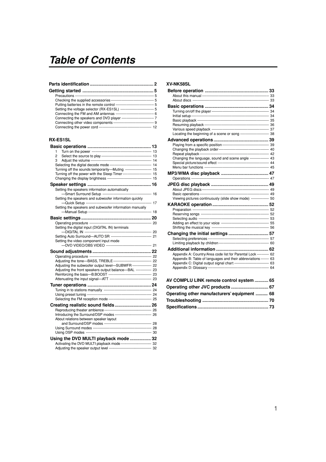 JVC LVT1002-012B manual Table of Contents, RX-ES1SL, XV-NK58SL, AV COMPLU LINK remote control system 