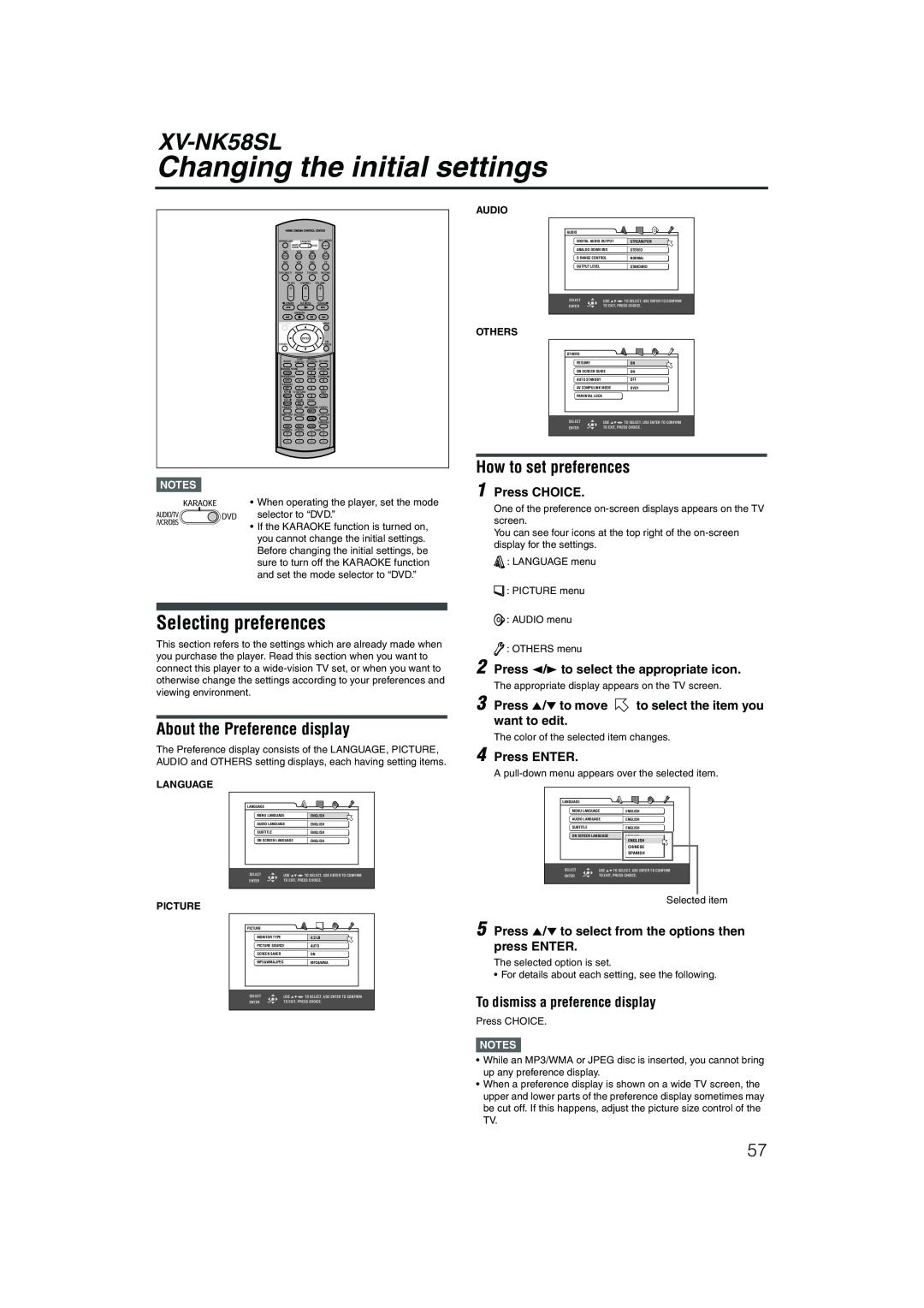 JVC LVT1002-012B Changing the initial settings, Selecting preferences, About the Preference display, Press CHOICE, Audio 