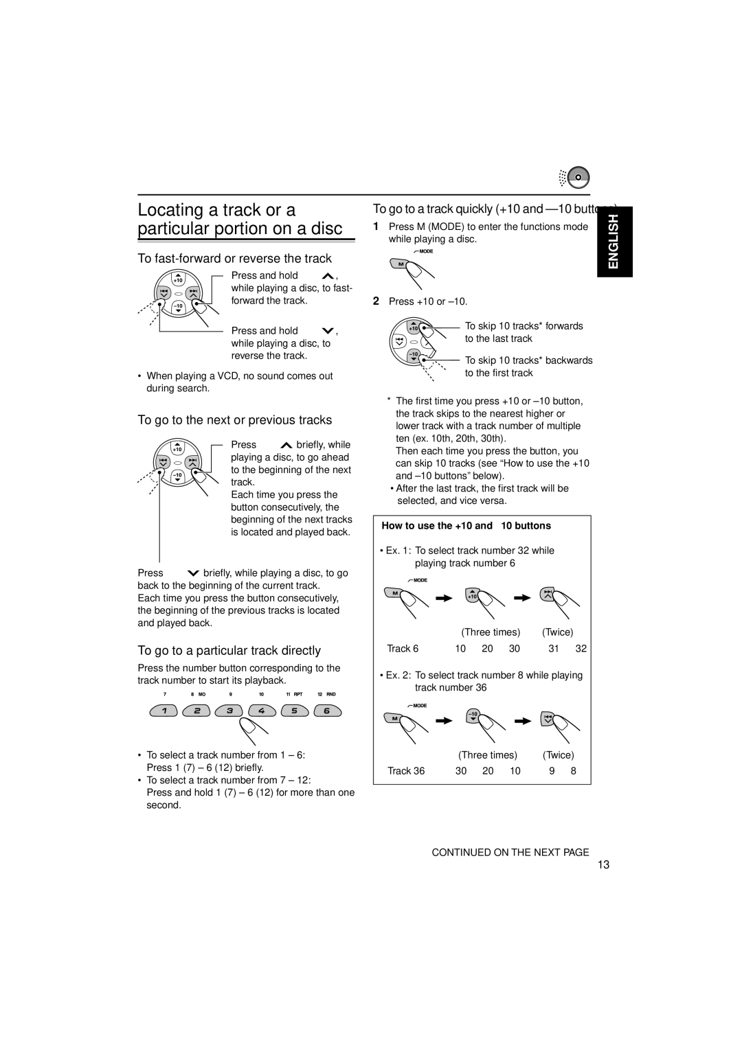 JVC LVT1003-001B manual To fast-forward or reverse the track, To go to the next or previous tracks 