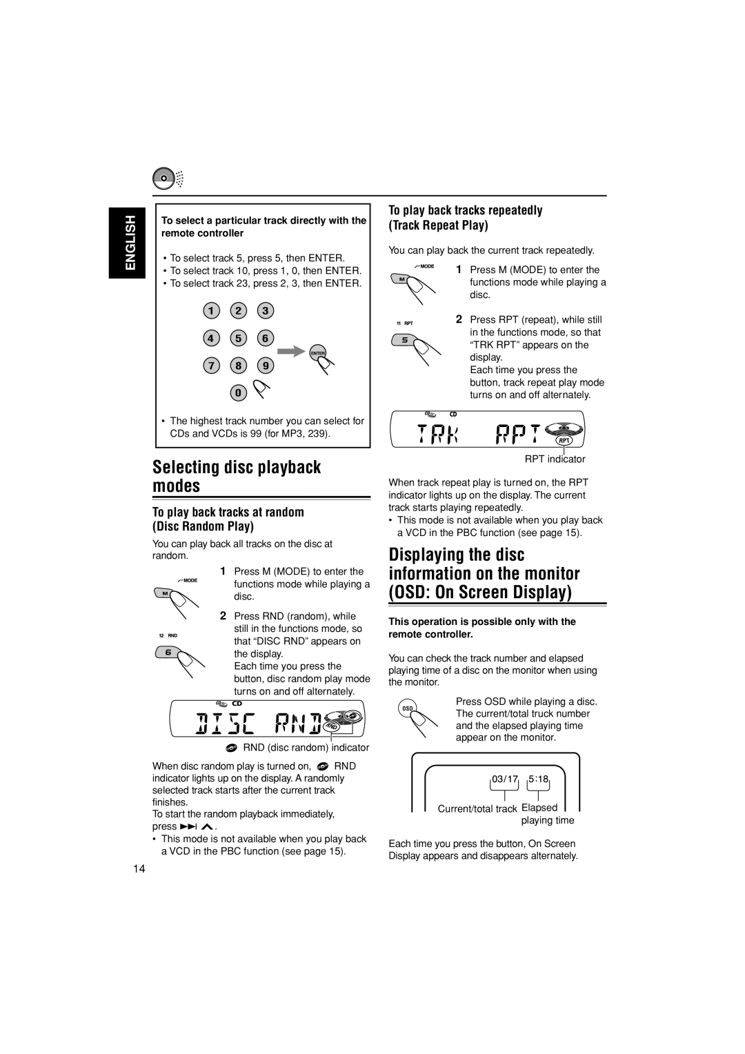 JVC LVT1003-001B manual Selecting disc playback modes, To play back tracks at random Disc Random Play 