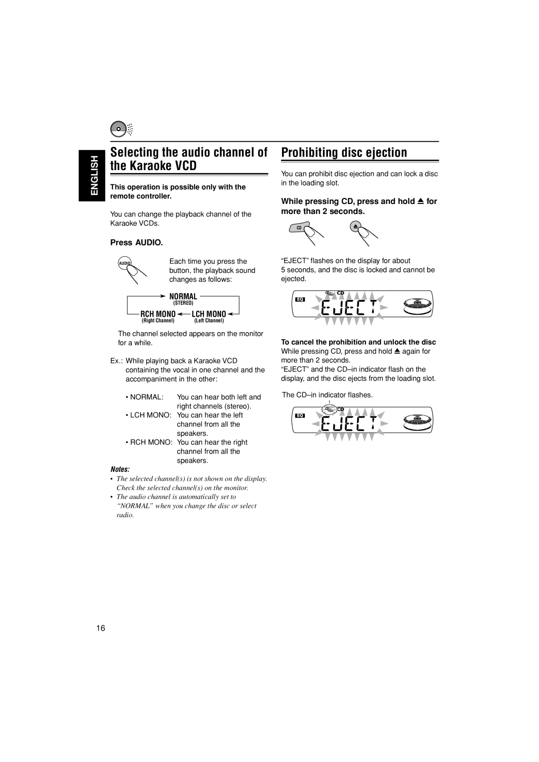 JVC LVT1003-001B manual Prohibiting disc ejection, Press Audio, While pressing CD, press and hold 0 for more than 2 seconds 