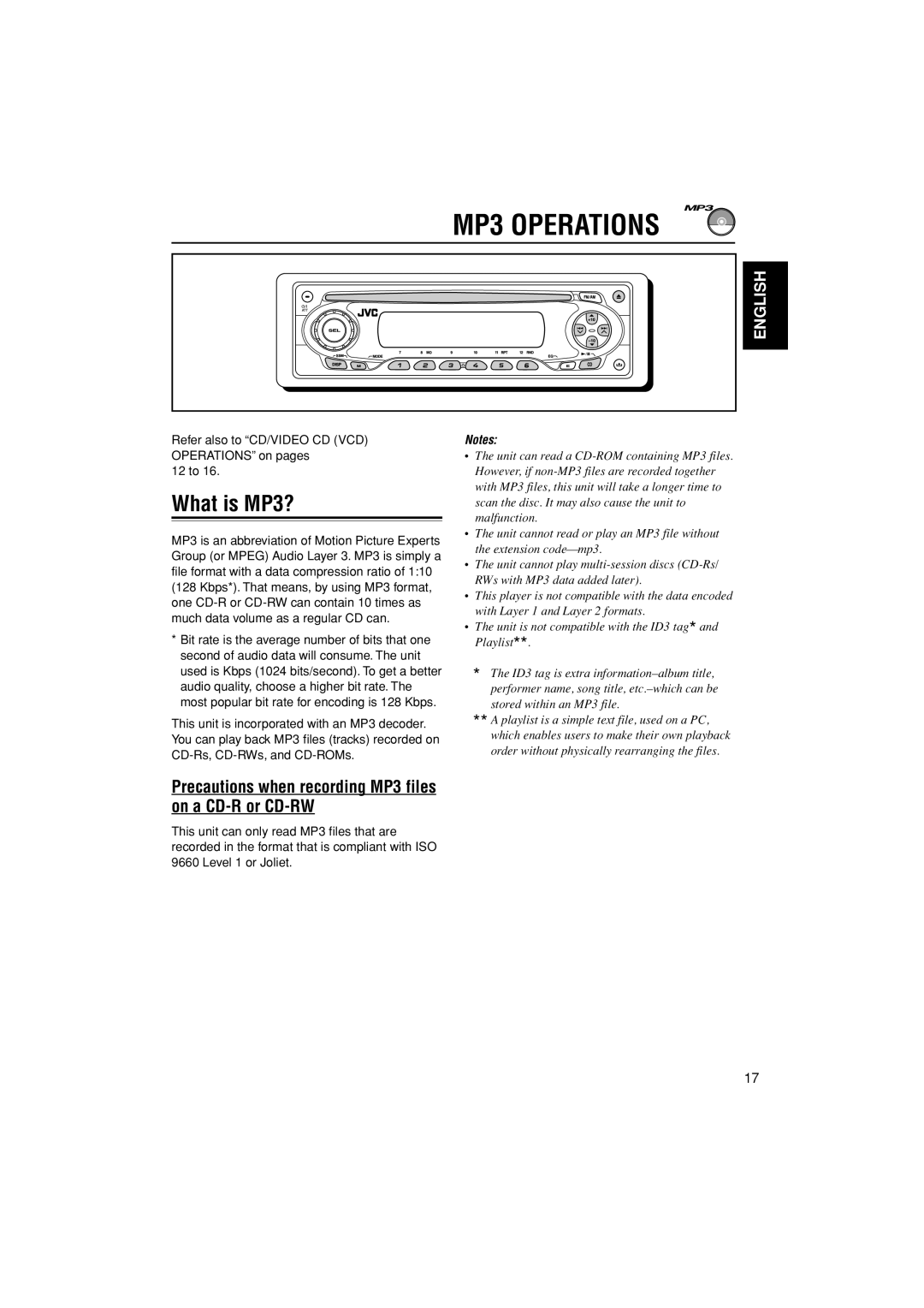 JVC LVT1003-001B manual MP3 Operations, What is MP3?, Precautions when recording MP3 files on a CD-R or CD-RW 