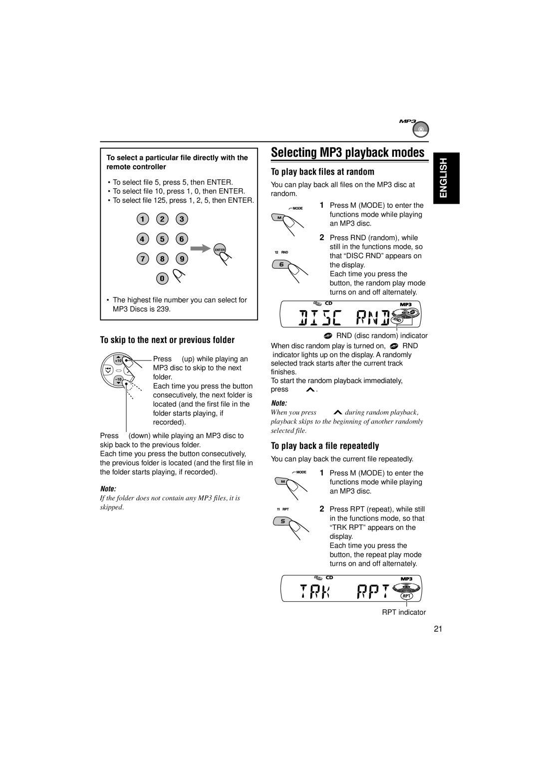 JVC LVT1003-001B To skip to the next or previous folder, To play back files at random, To play back a file repeatedly 