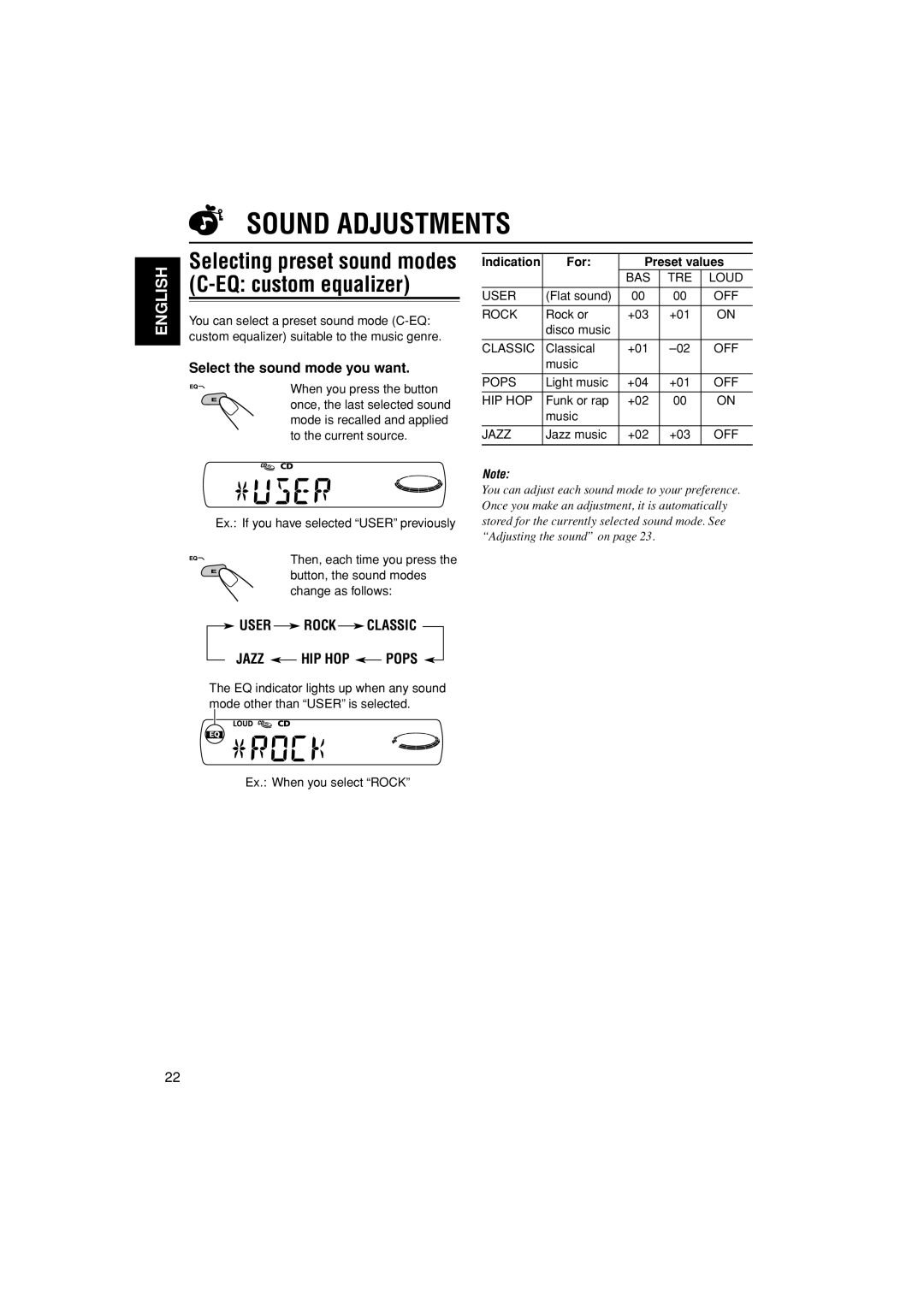 JVC LVT1003-001B manual Sound Adjustments, Select the sound mode you want, For Preset values 