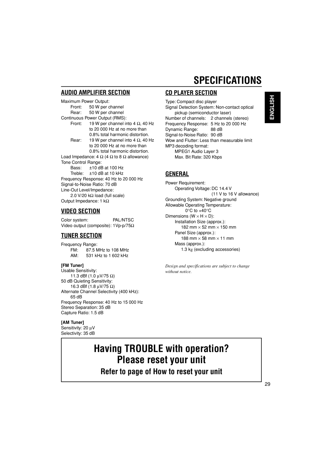 JVC LVT1003-001B manual Specifications, Refer to page of How to reset your unit, FM Tuner, AM Tuner 