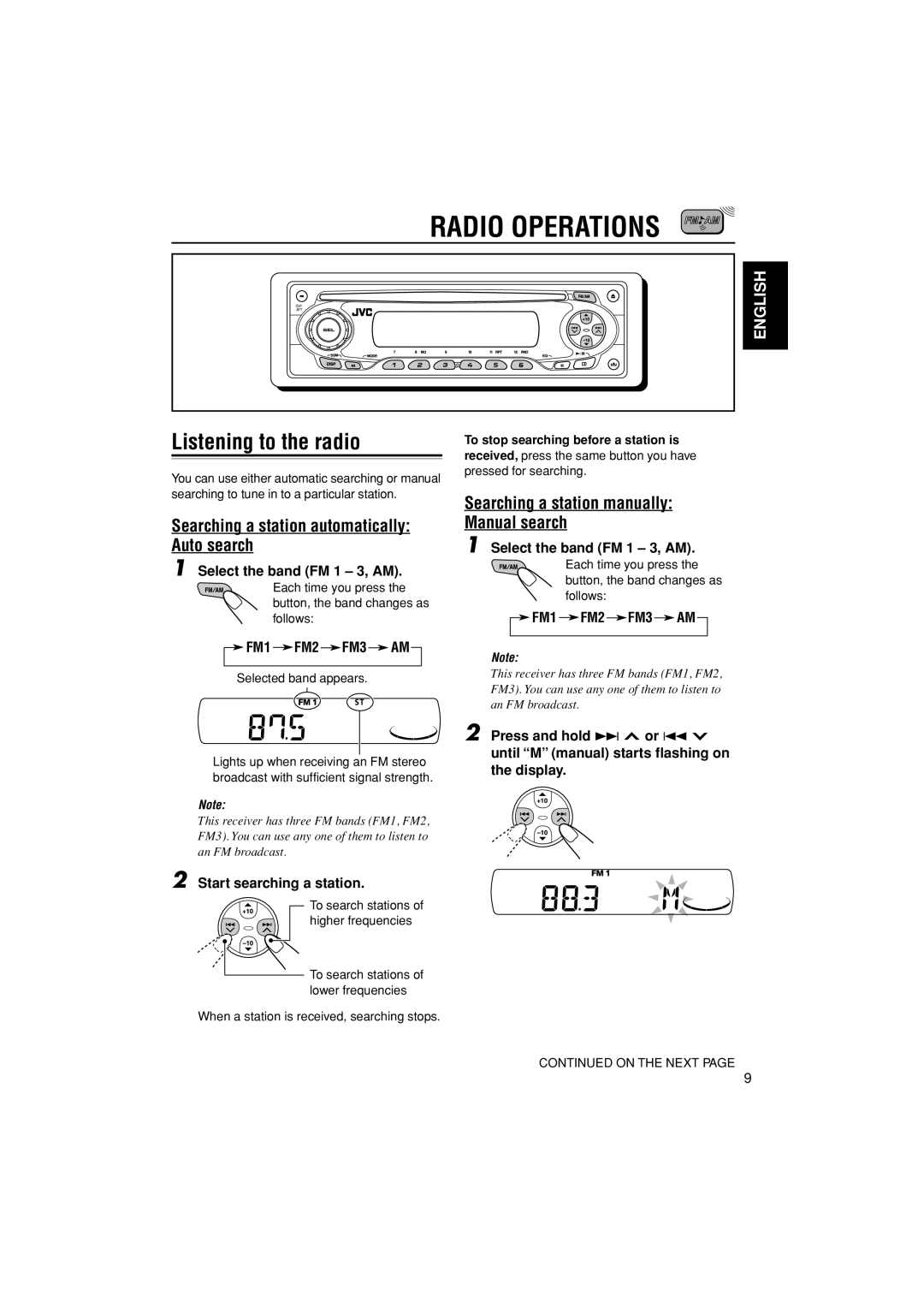 JVC LVT1003-001B manual Radio Operations, Listening to the radio, Searching a station automatically Auto search 