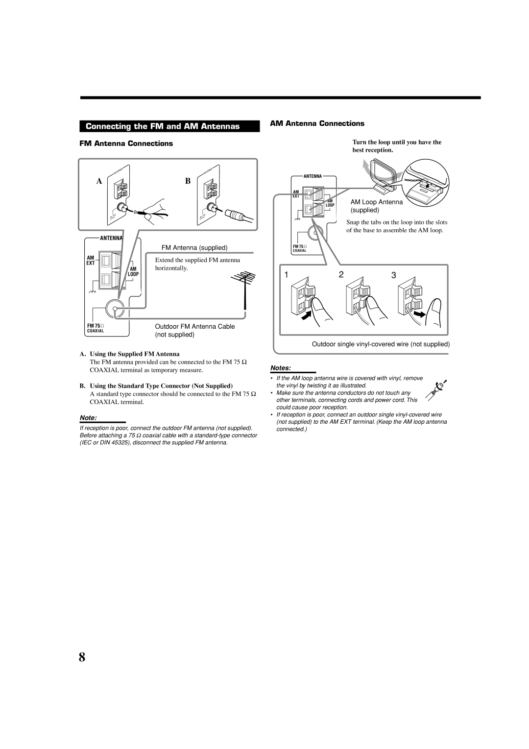 JVC LVT1007-010A[A] manual Connecting the FM and AM Antennas, AM Antenna Connections, FM Antenna Connections 