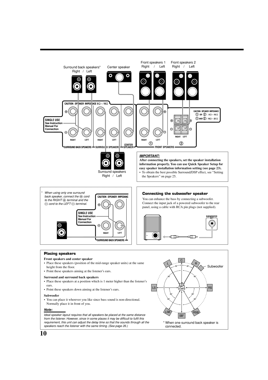 JVC LVT1007-010A[A] manual Connecting the subwoofer speaker, Placing speakers, Front speakers and center speaker, Subwoofer 