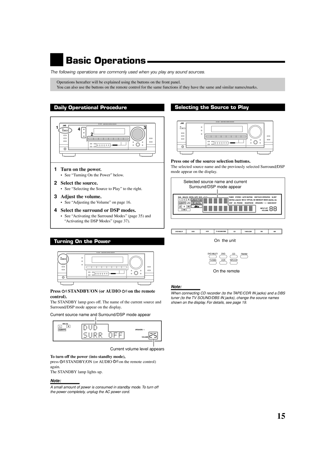 JVC LVT1007-010A[A] manual Basic Operations, Daily Operational Procedure Selecting the Source to Play, Turning On the Power 