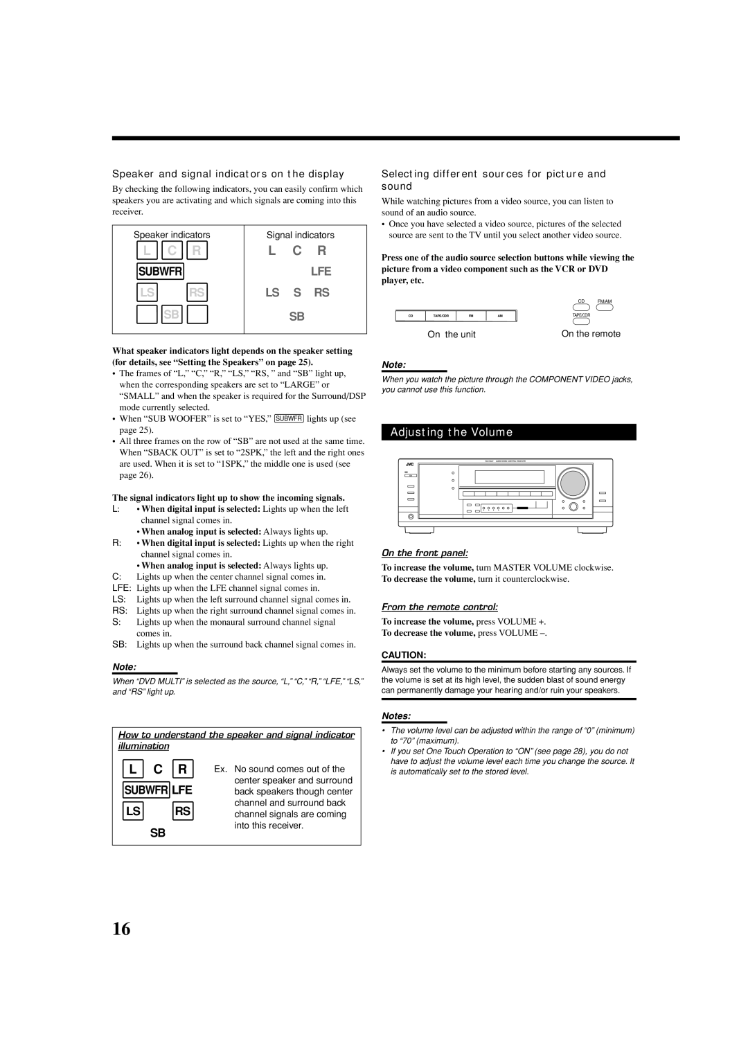 JVC LVT1007-010A[A] manual Adjusting the Volume, Speaker and signal indicators on the display, On the unit 