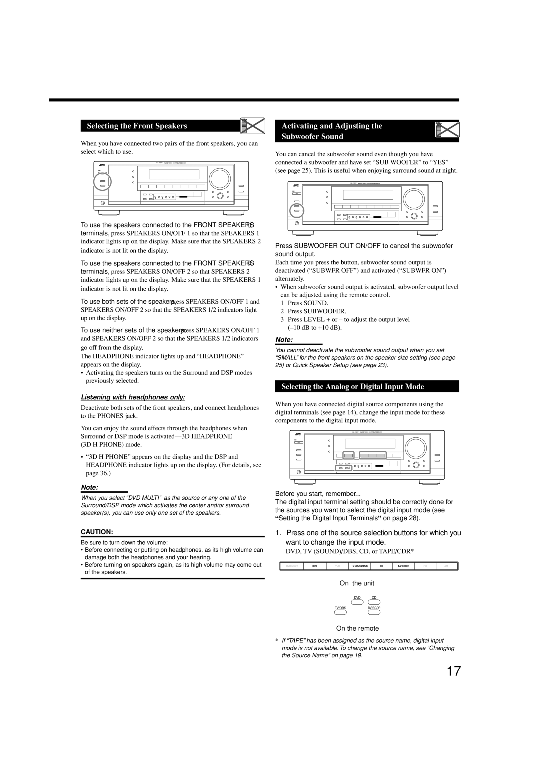 JVC LVT1007-010A[A] manual Subwoofer Sound, Selecting the Analog or Digital Input Mode, Listening with headphones only 