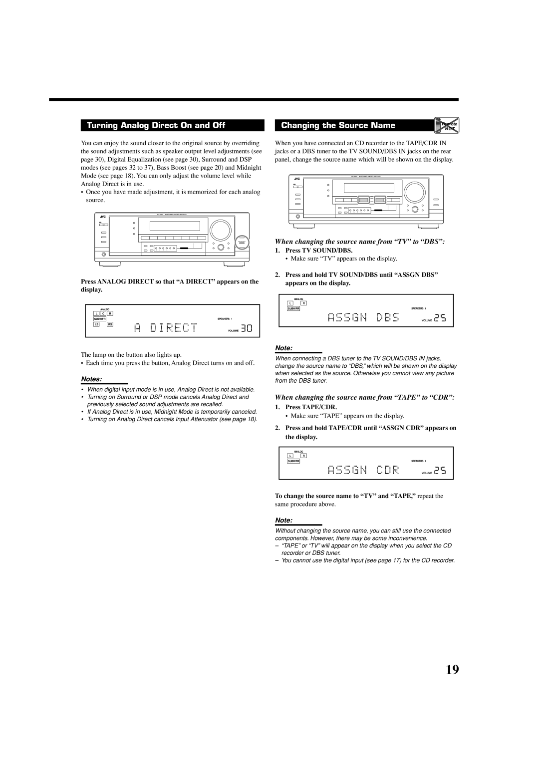 JVC LVT1007-010A[A] manual Turning Analog Direct On and Off, Press Analog Direct so that a Direct appears on the display 