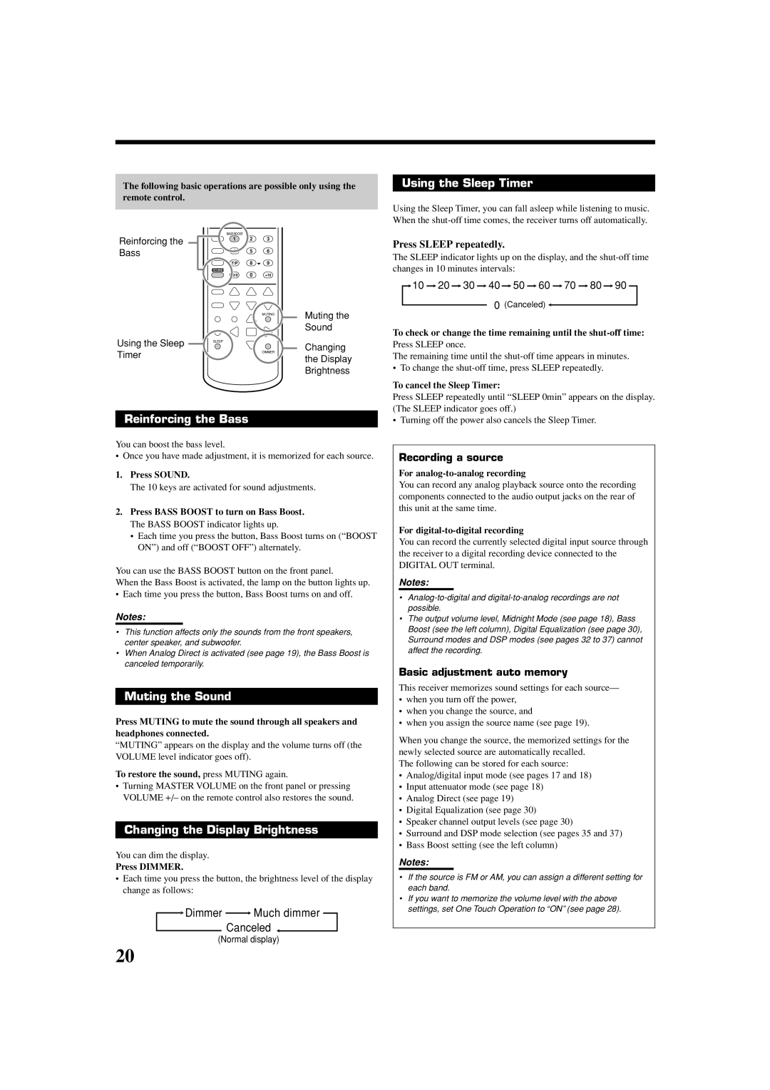 JVC LVT1007-010A[A] manual Reinforcing the Bass, Muting the Sound, Changing the Display Brightness, Using the Sleep Timer 