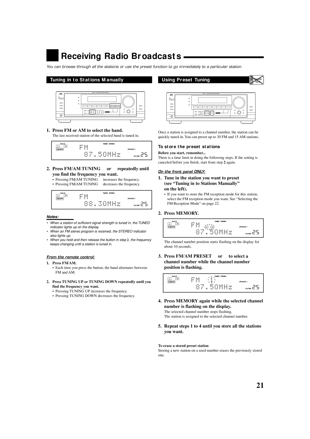 JVC LVT1007-010A[A] manual Receiving Radio Broadcasts, Tuning in to Stations Manually Using Preset Tuning, Press Memory 