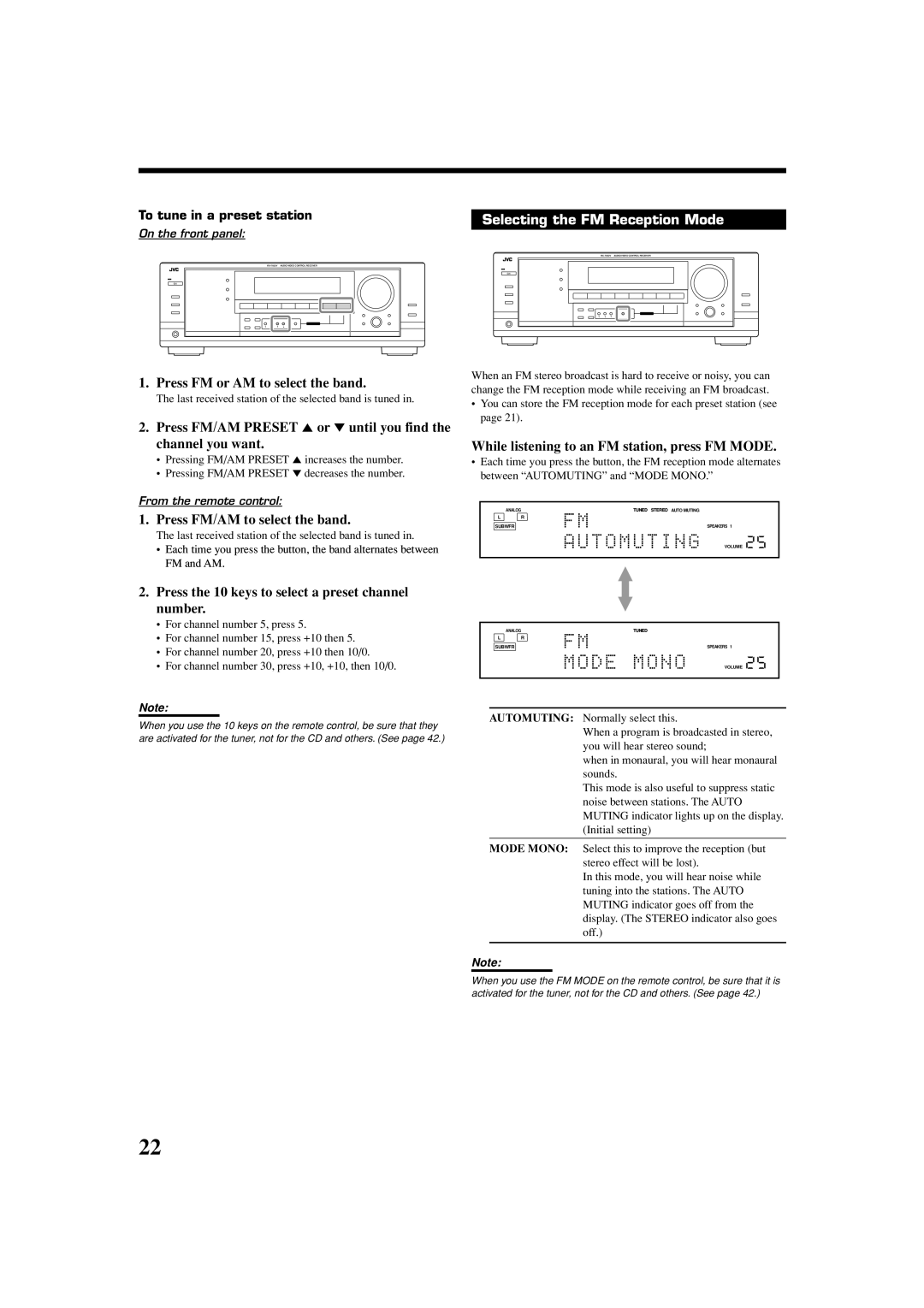 JVC LVT1007-010A[A] manual Press FM/AM to select the band, Selecting the FM Reception Mode, To tune in a preset station 