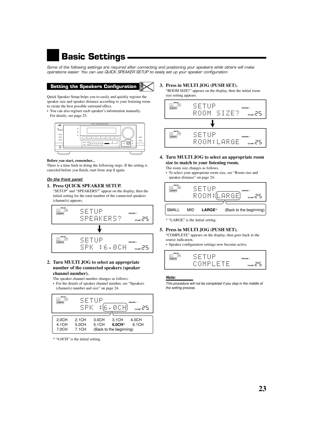 JVC LVT1007-010A[A] Basic Settings, Setting the Speakers Configuration Remote, Press in Multi JOG Push SET, Channel number 