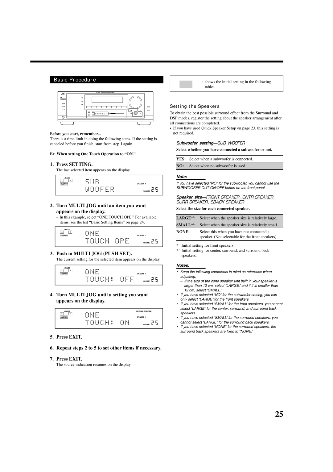 JVC LVT1007-010A[A] manual Basic Procedure, Press Setting, Push in Multi JOG Push SET, Press Exit, Setting the Speakers 