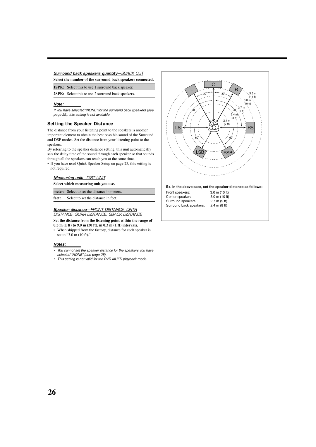 JVC LVT1007-010A[A] Setting the Speaker Distance, Surround back speakers quantity-SBACK OUT, Measuring unit-DIST Unit 