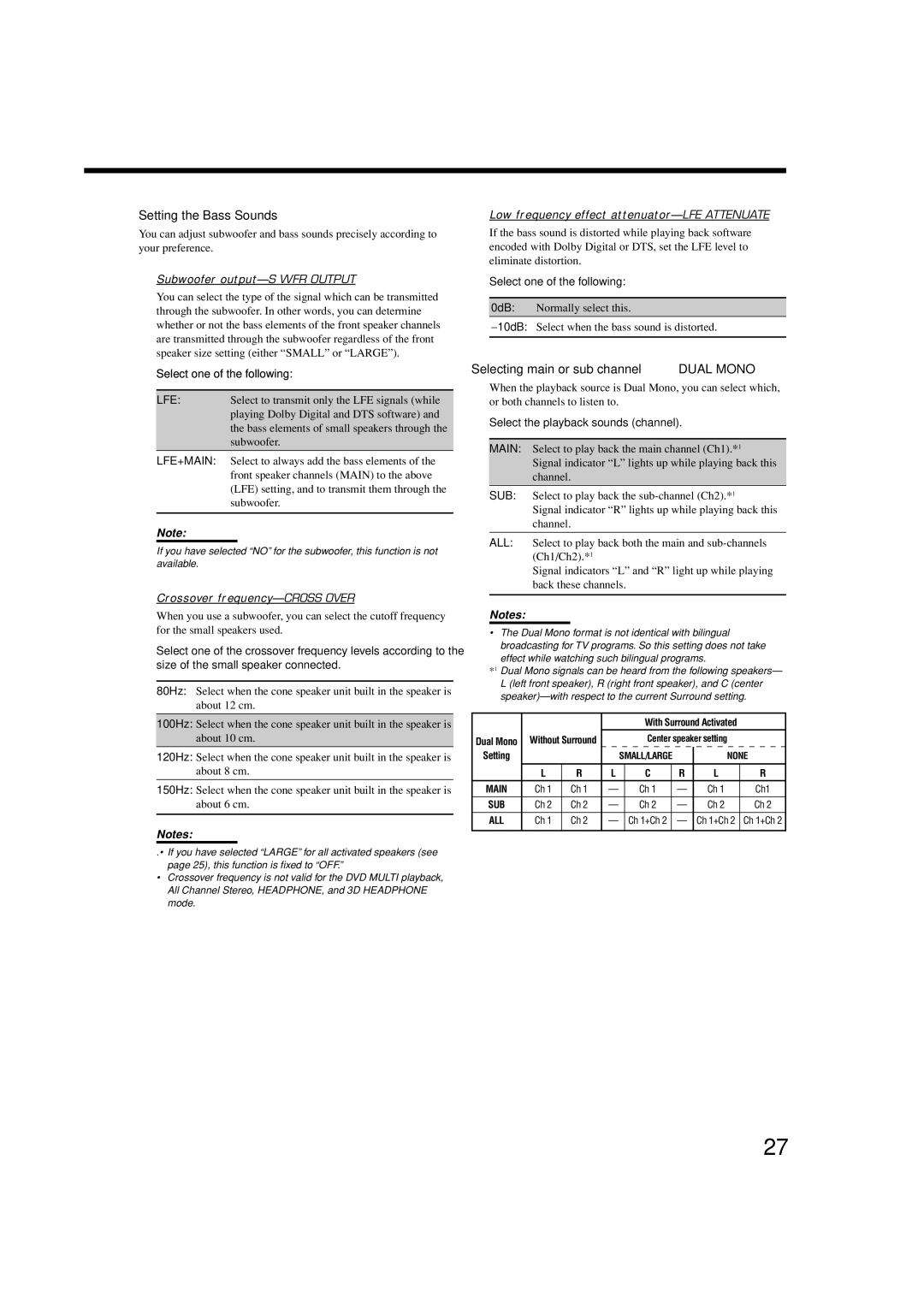 JVC LVT1007-010A[A] manual Setting the Bass Sounds, Selecting main or sub channel-DUAL Mono, Select one of the following 