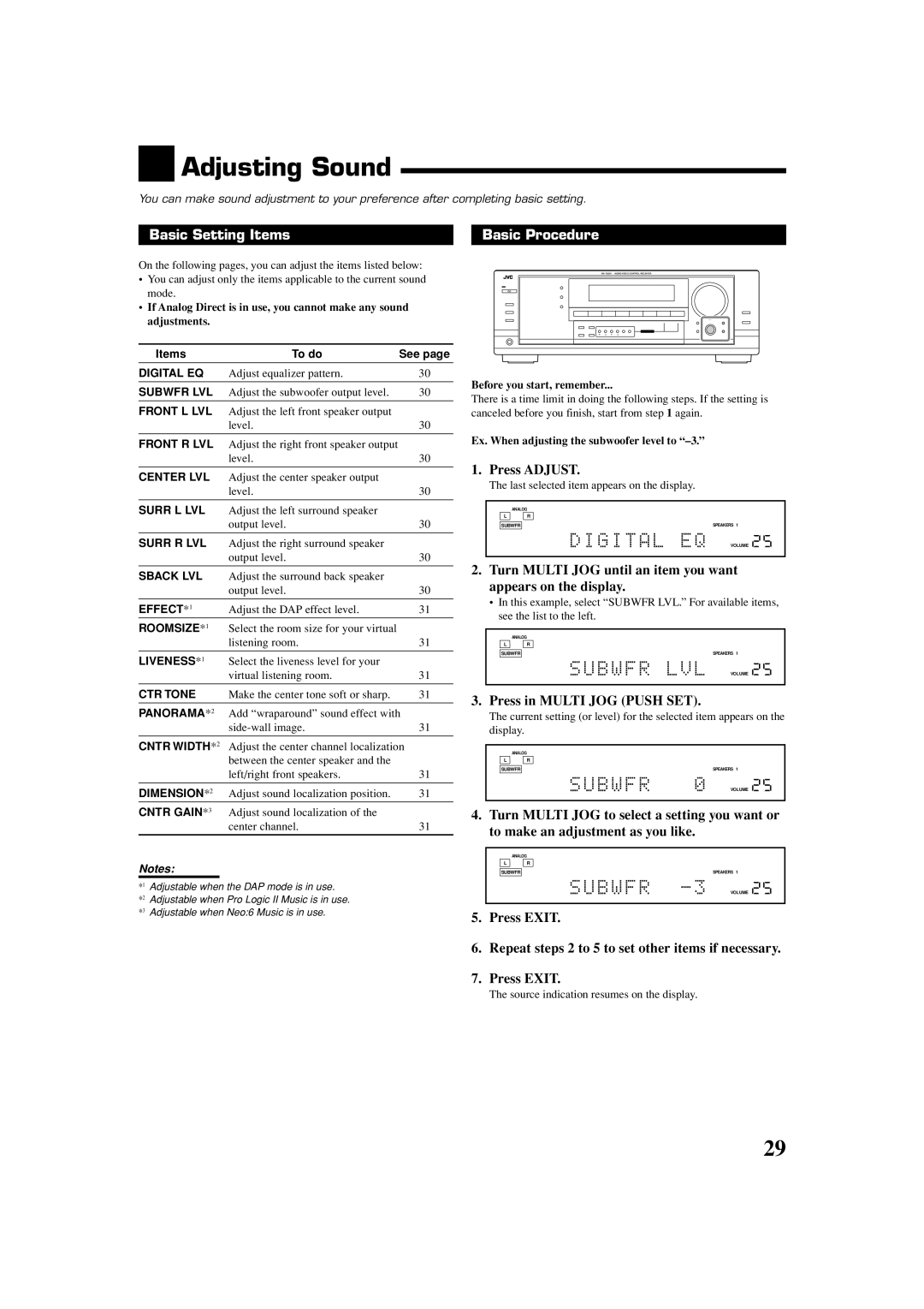 JVC LVT1007-010A[A] manual Adjusting Sound, Basic Setting Items Basic Procedure, Press Adjust 