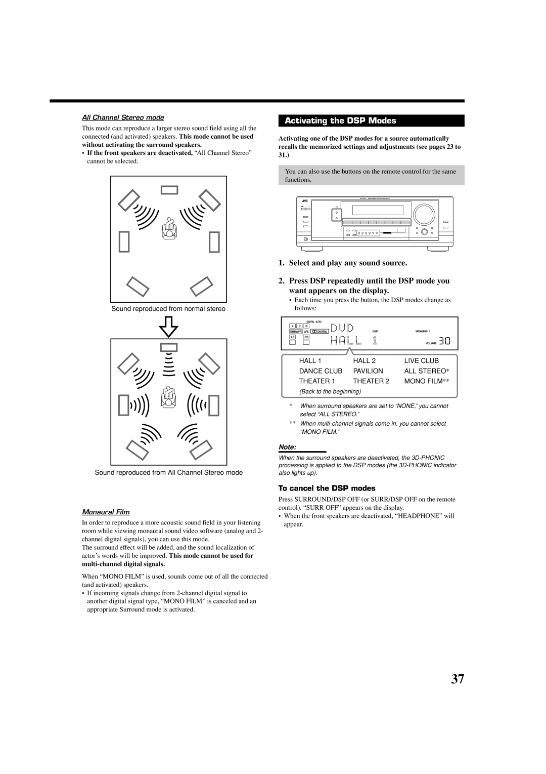 JVC LVT1007-010A[A] manual Activating the DSP Modes, To cancel the DSP modes, All Channel Stereo mode, Monaural Film 