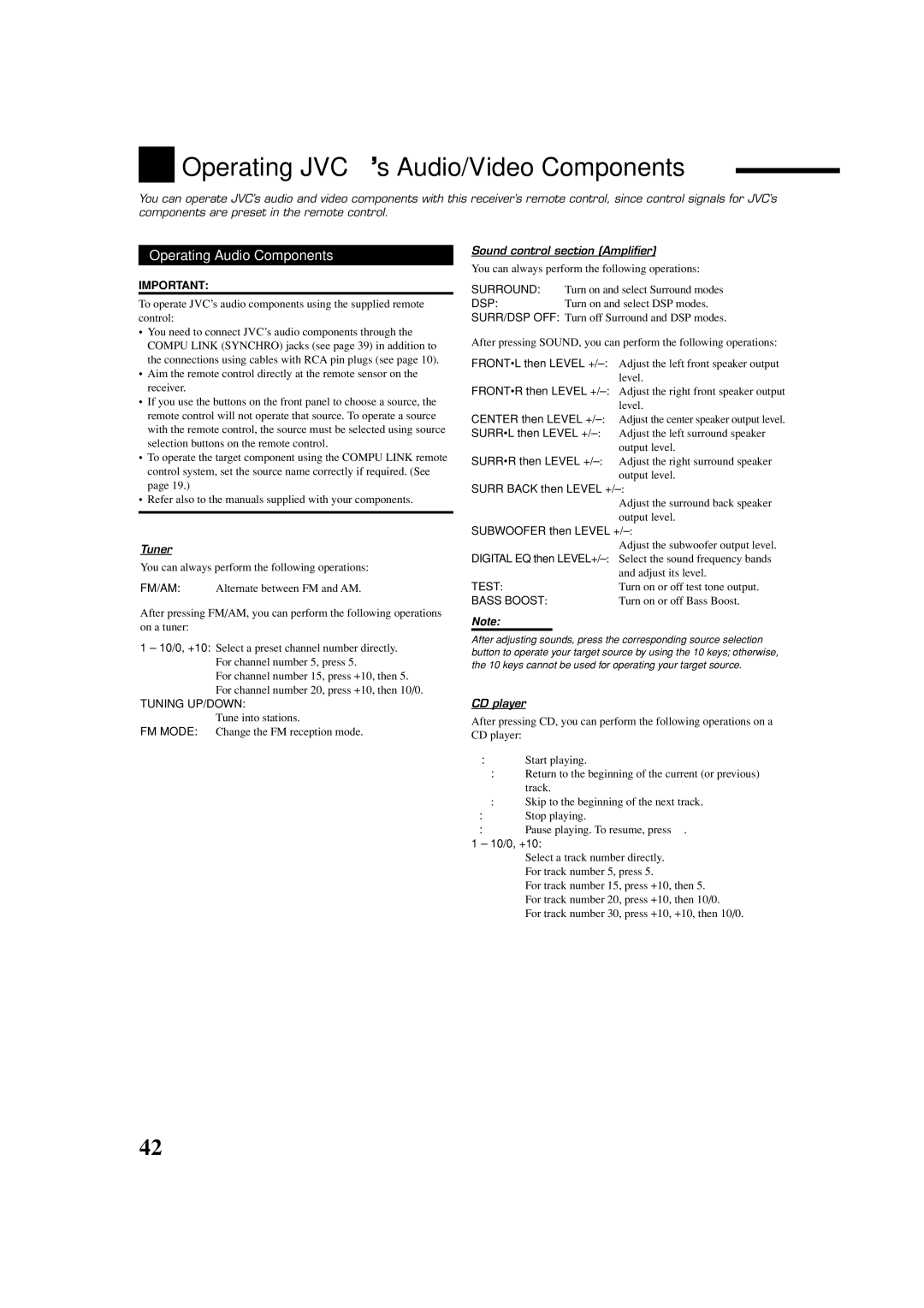 JVC LVT1007-010A[A] manual Operating JVC’s Audio/Video Components, Operating Audio Components, Tuner, CD player 