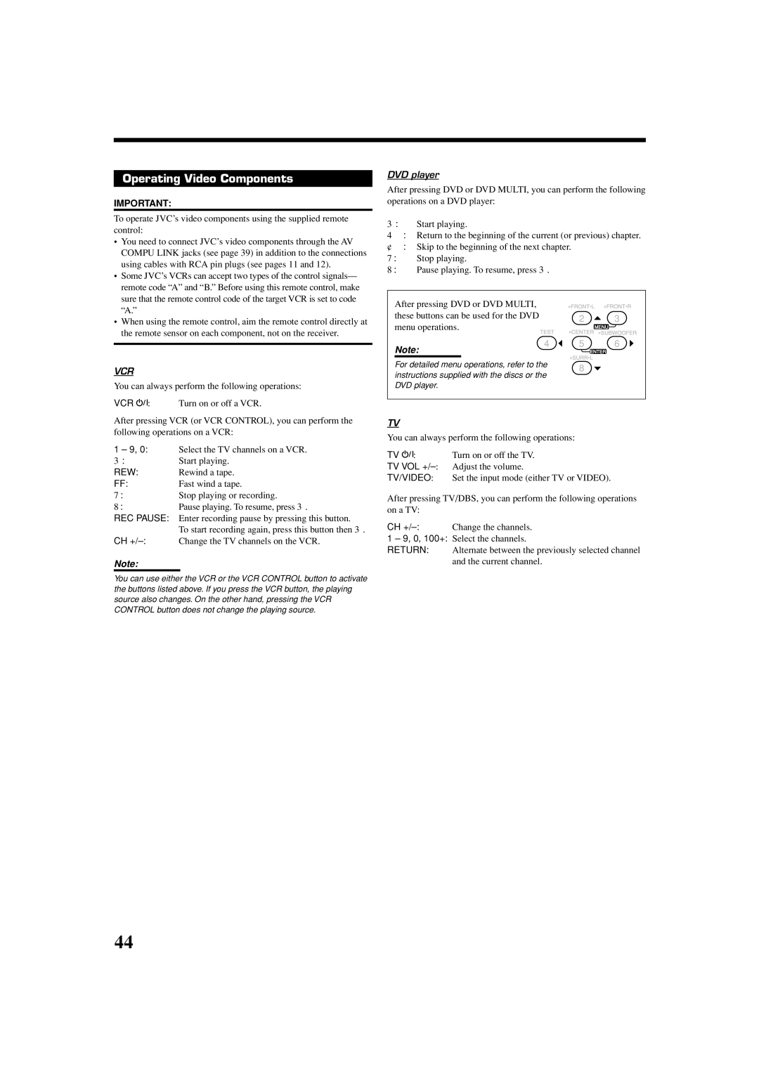 JVC LVT1007-010A[A] manual Operating Video Components, DVD player, Ch + 